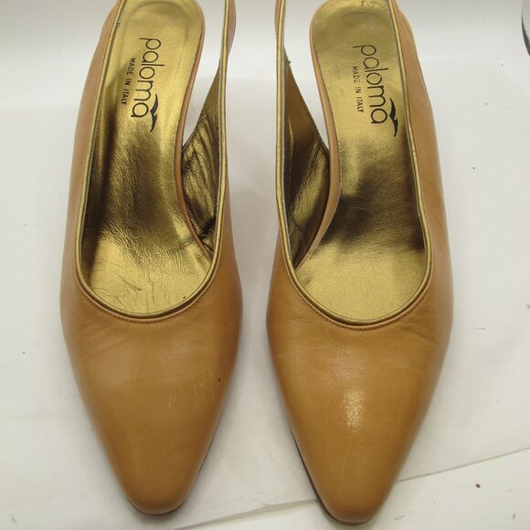 Paloma camel leather slingback 2 inch heel with gold trim 8.5AA - Picture 2 of 6